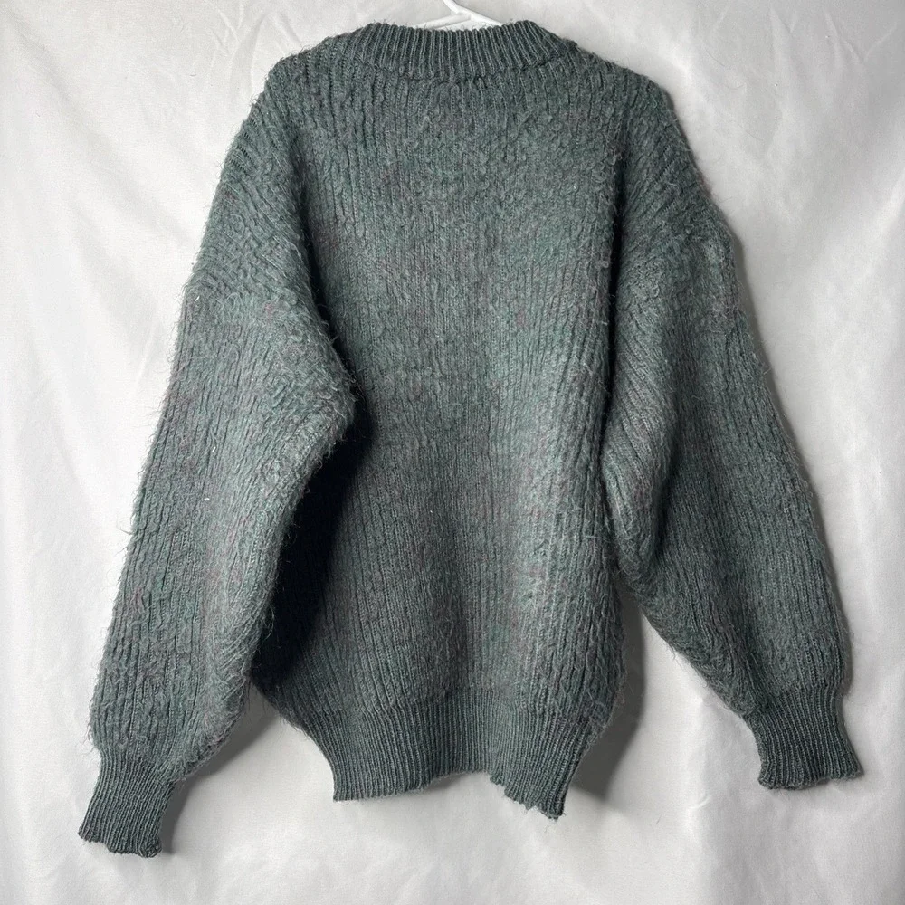Vtg‎ Handknitted Kids Green Speckled Pink Embroidered white Bunny Sweater Easter